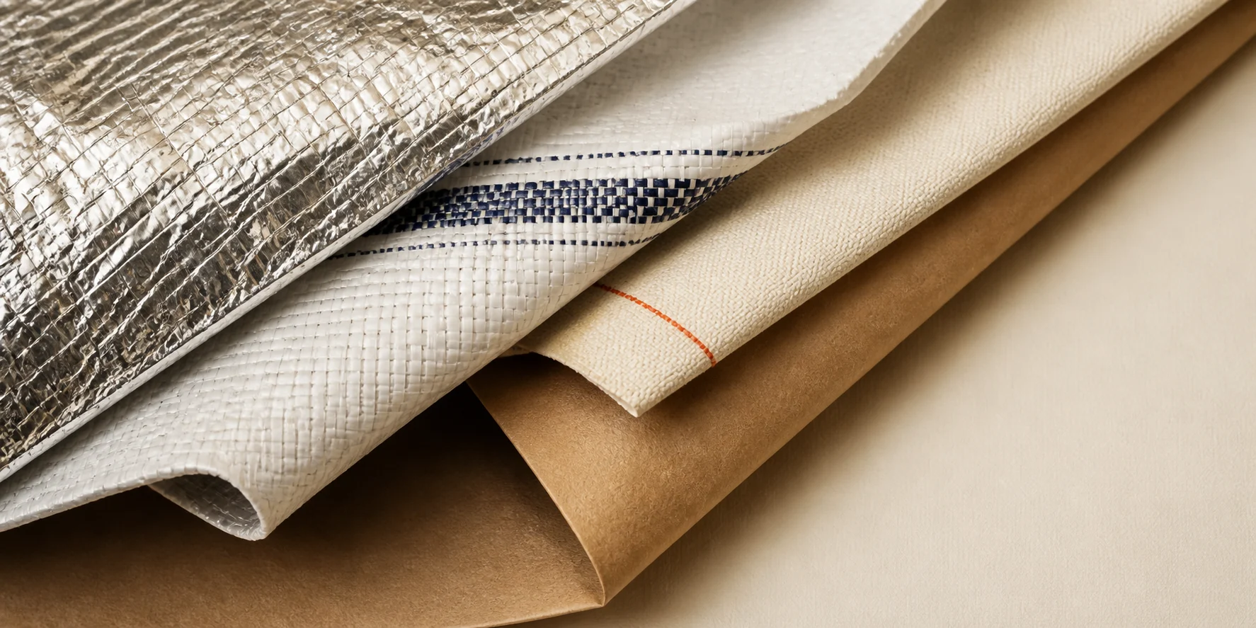 Thermal foil, laminated woven PP, canvas and paper packaging materials arranged for comparison